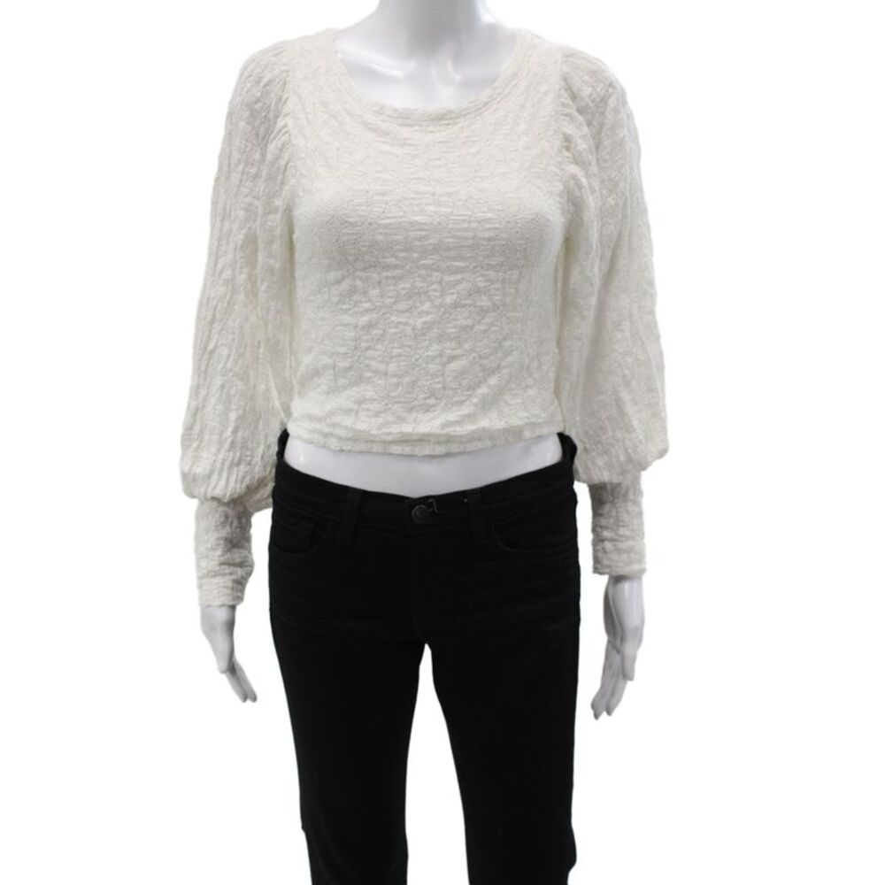 Free People Womens Cropped Boho White Blouse Long Sleeve Scoop Neck Size S